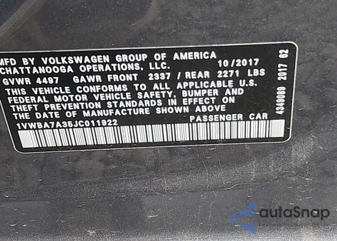 2018 Volkswagen Passat 2.0T Se из США, поврежденный, VIN 1VWBA7A35JC011922